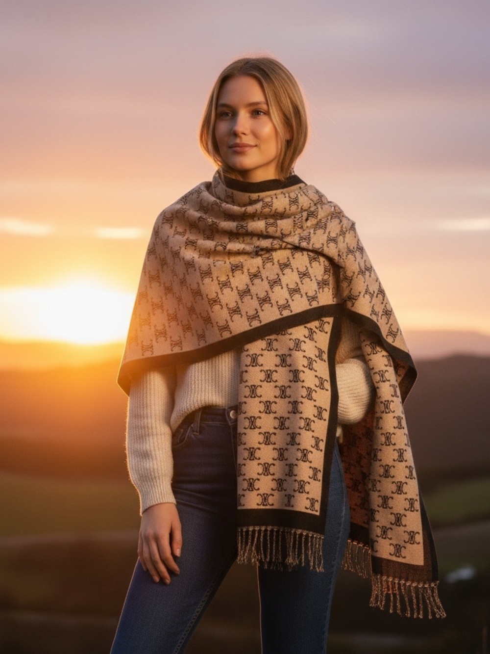 Luxury Celine Cashmere Silk Double Sided Oversized Shawl Wrap Scarf